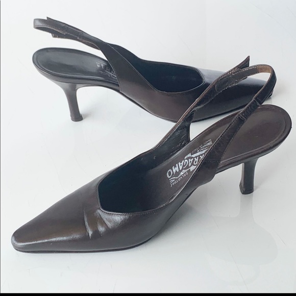 SALVATORE FERRAGAMO Slingback leather Rhinestone Pin Detail - Picture 3 of 9